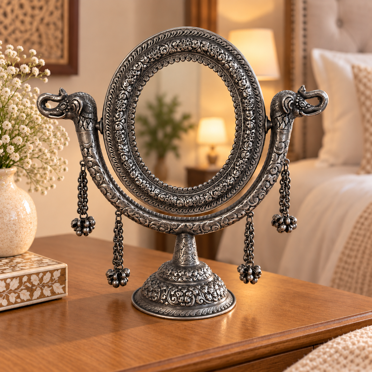 Espejo de Mesa Gajendra en Alpaca con Elefantes - BOUTIQUEDELAINDIA