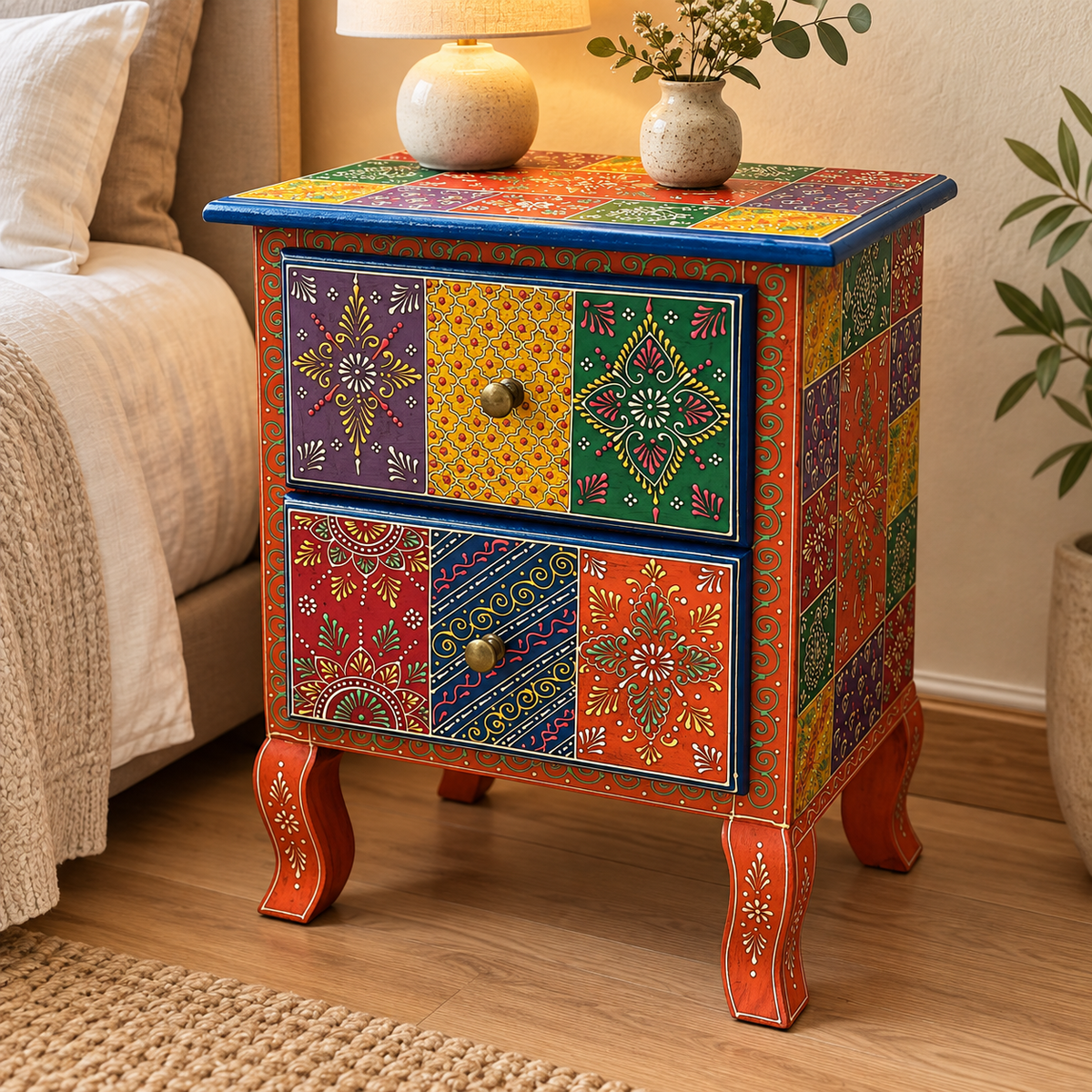 Mesa de noche Rangoli de dos Cajones Florales - BOUTIQUEDELAINDIA
