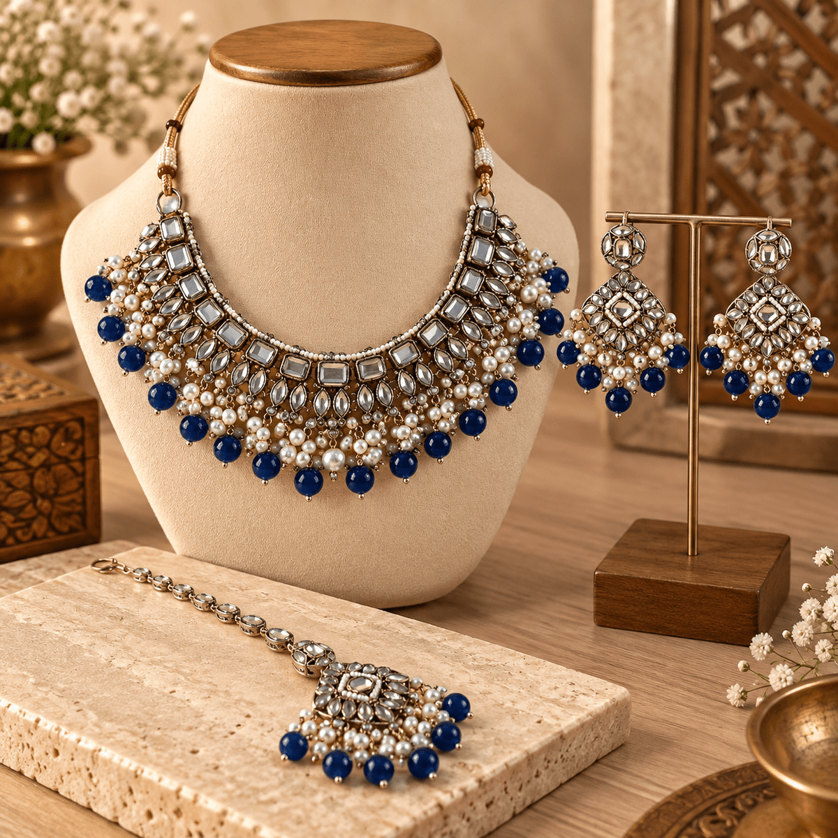 Conjunto de Joyería con Perlas Blancas y Piedras Azules - BOUTIQUEDELAINDIA