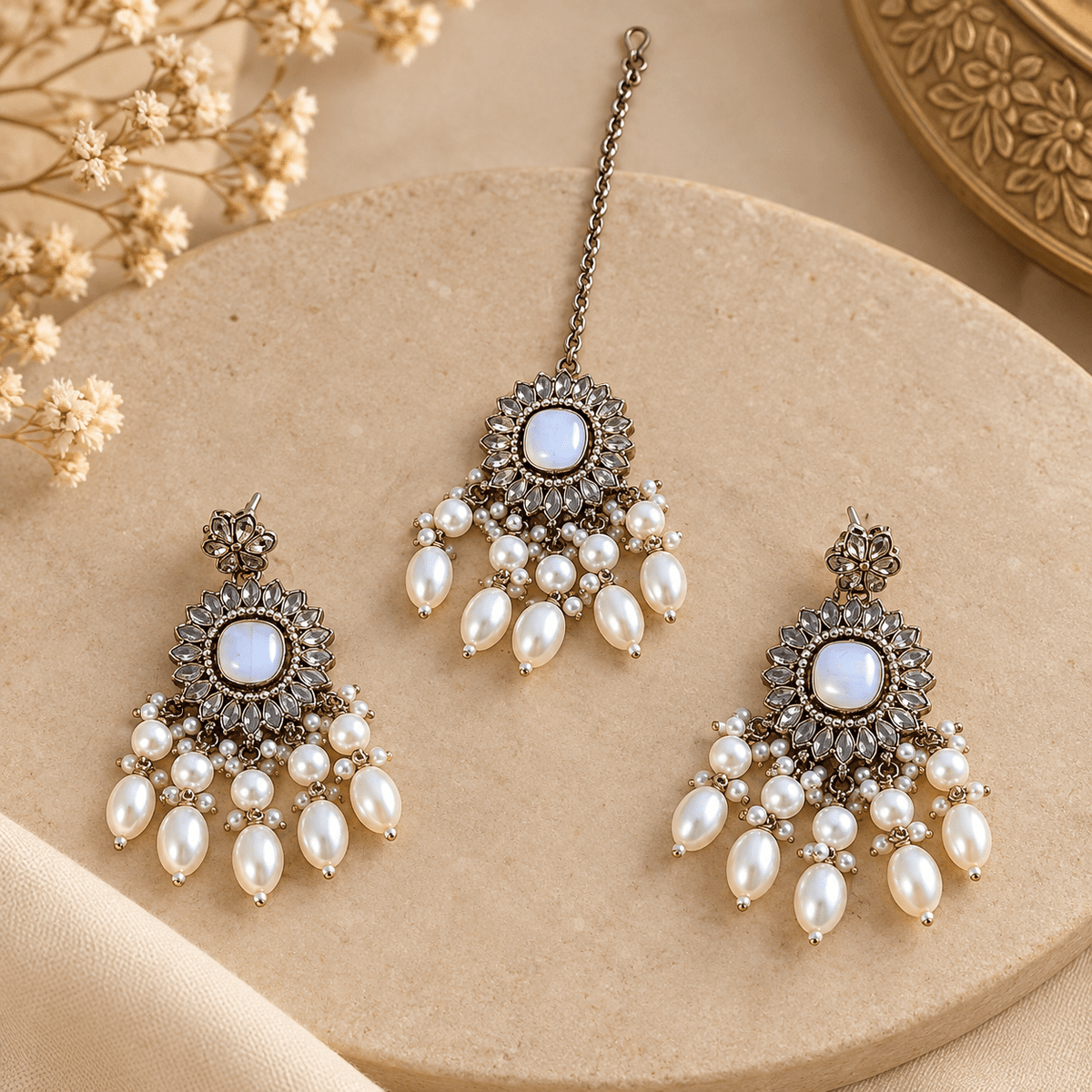 Conjunto de Joyería India con Perlas Blancas y Cristales - BOUTIQUEDELAINDIA