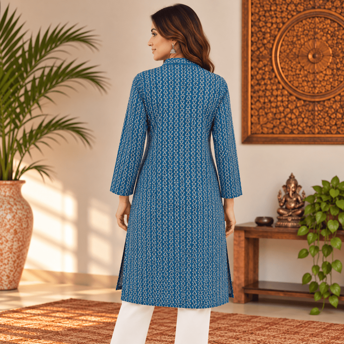 Kurta Larga para Mujer Nila con Estampado Geométrico KM - BOUTIQUEDELAINDIA