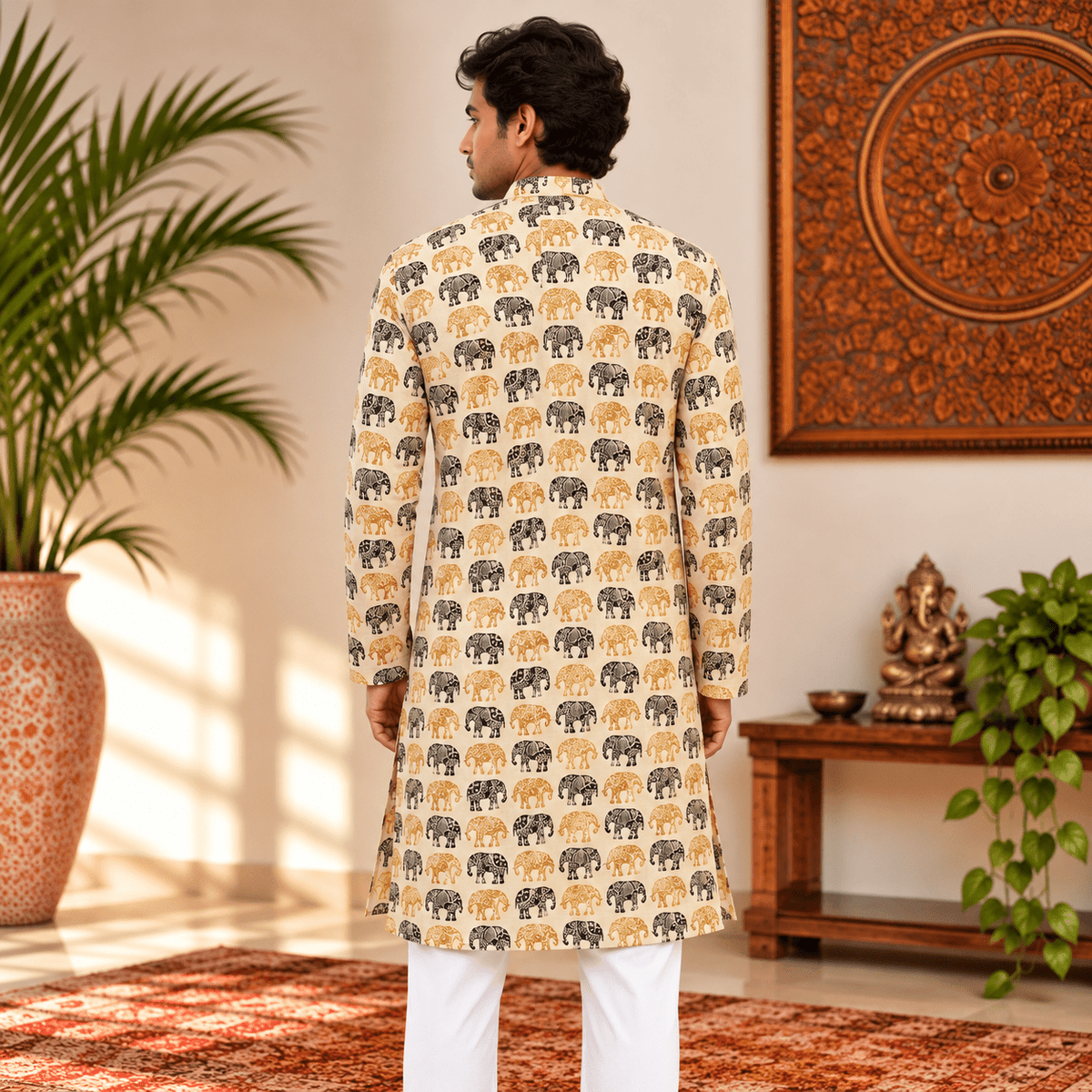 Kurta Larga para Hombre Gajendra con Elefantes de la India KH - BOUTIQUEDELAINDIA