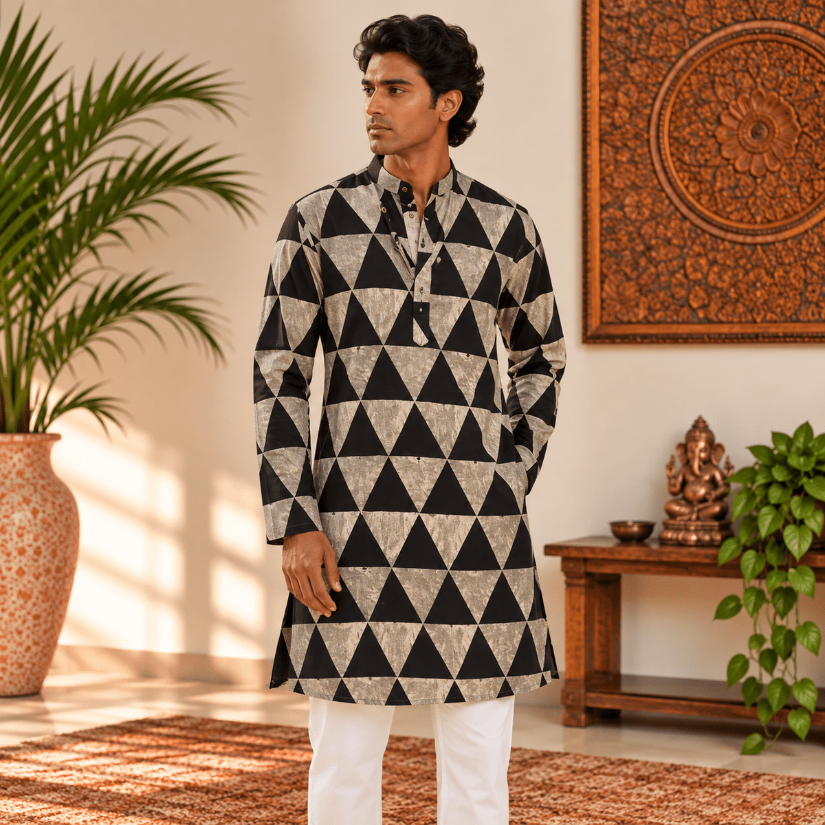 Kurta Larga para Hombre Arjun con Diseño Geométrico KH - BOUTIQUEDELAINDIA