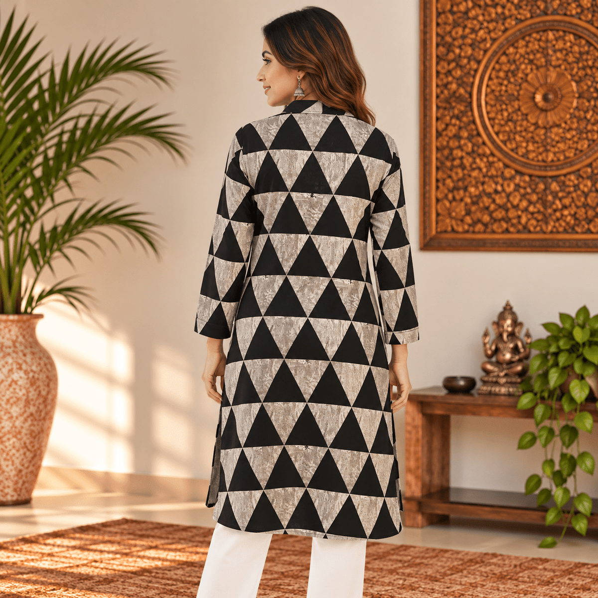 Kurta Larga para Mujer Aditi con Estampado Geométrico KM - BOUTIQUEDELAINDIA