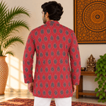 Kurta Corta Roja para Hombre con Estampado Floral Indio KH - BOUTIQUEDELAINDIA