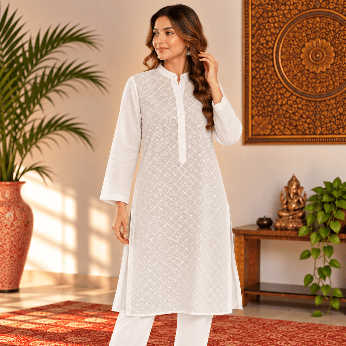 Kurta Larga Blanca para Mujer Ishani con Bordado Geométrico KM - BOUTIQUEDELAINDIA