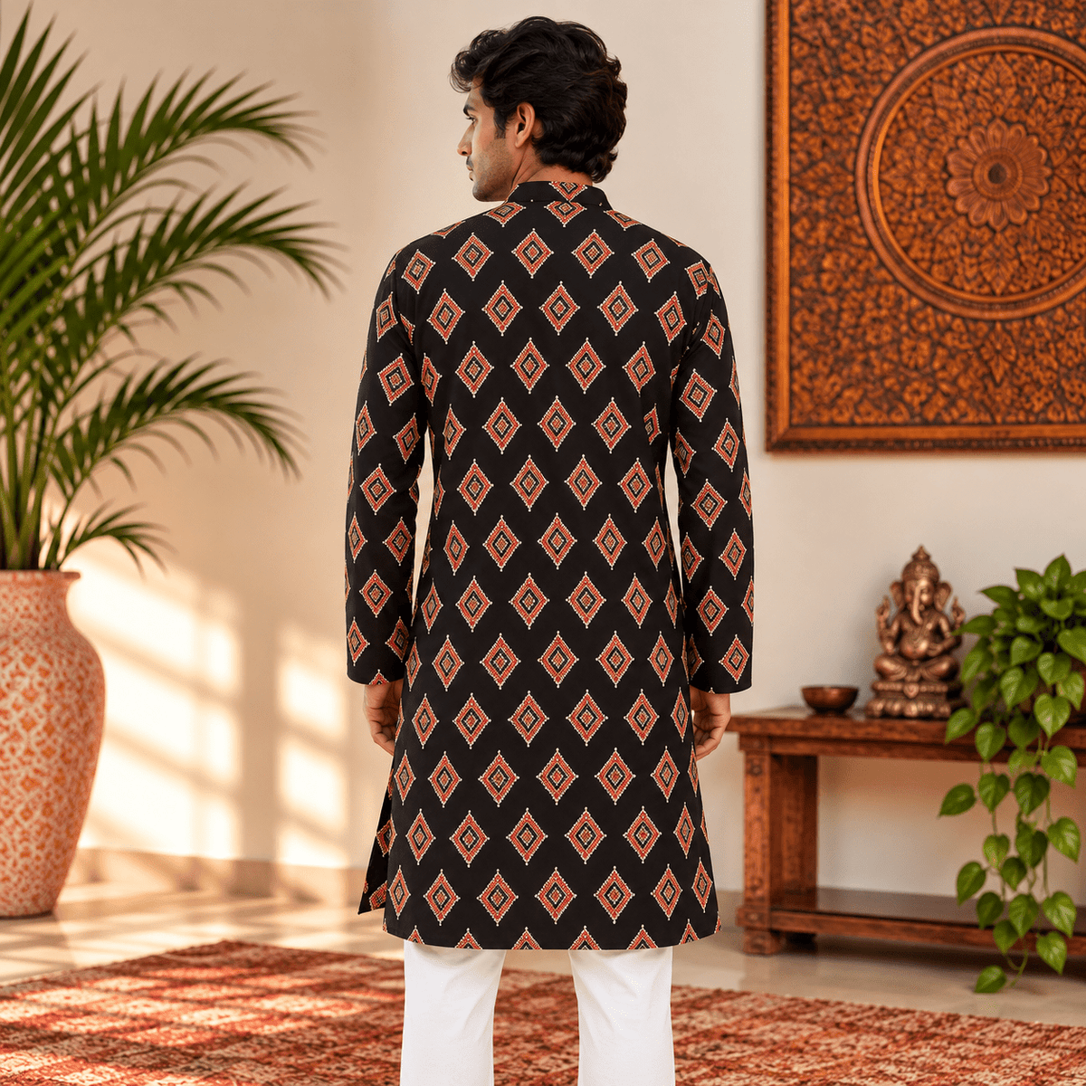 Kurta Larga para Hombre Devansh con Estampado de Rombos KH - BOUTIQUEDELAINDIA