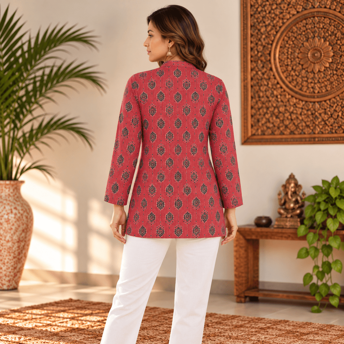 Kurta Corta Roja para Mujer Roshni con Estampado Floral KM - BOUTIQUEDELAINDIA