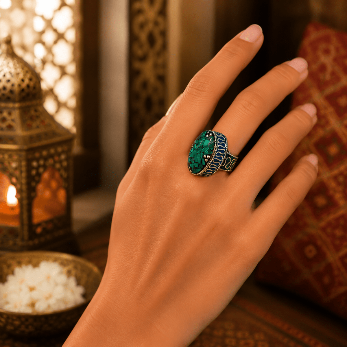 Anillo de Bronce Maharani Verde con Mosaico Oriental - BOUTIQUEDELAINDIA