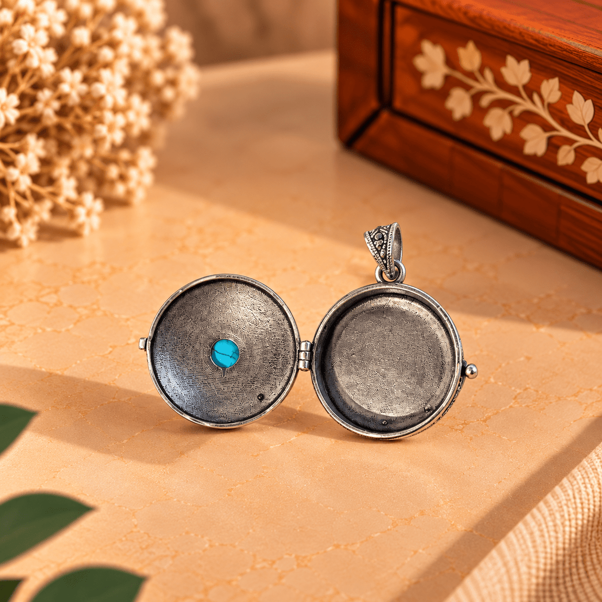 Dije Relicario Anaya en Bronce Plateado con Piedra Turquesa - BOUTIQUEDELAINDIA