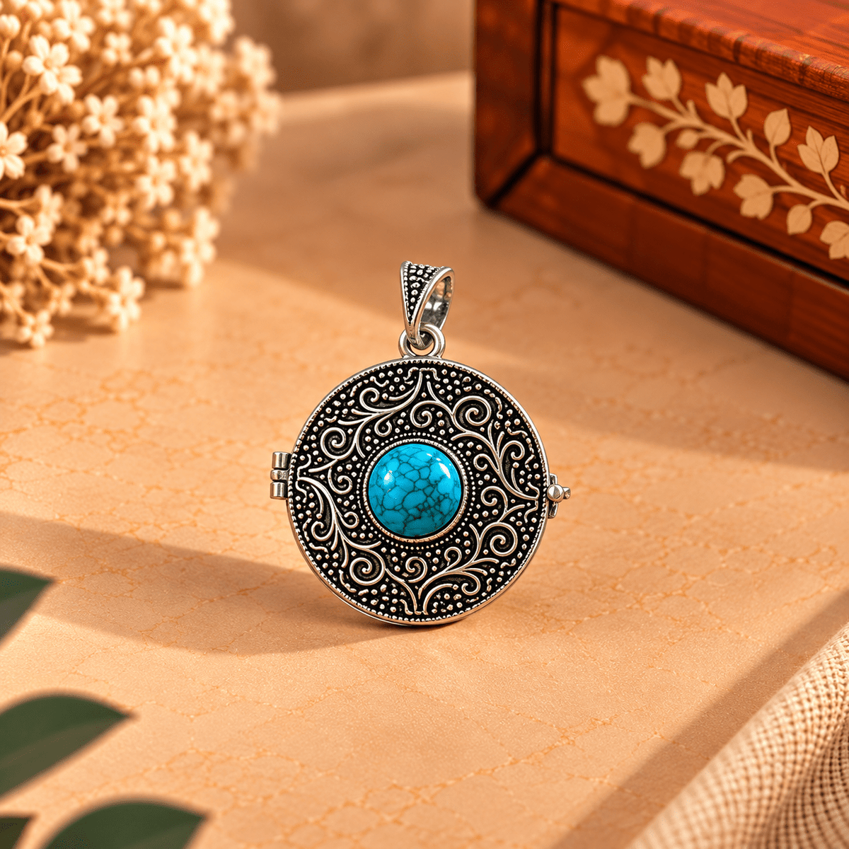 Dije Relicario Anaya en Bronce Plateado con Piedra Turquesa - BOUTIQUEDELAINDIA