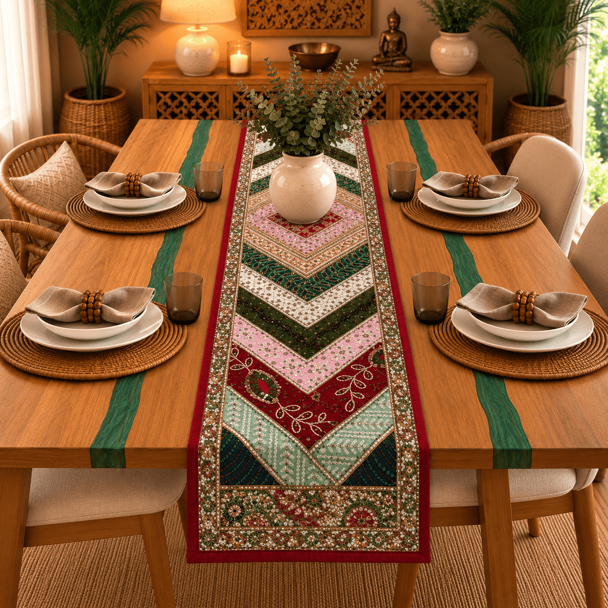 Camino de Mesa Artesanal Verde y Vino Pie de Mesa - BOUTIQUEDELAINDIA