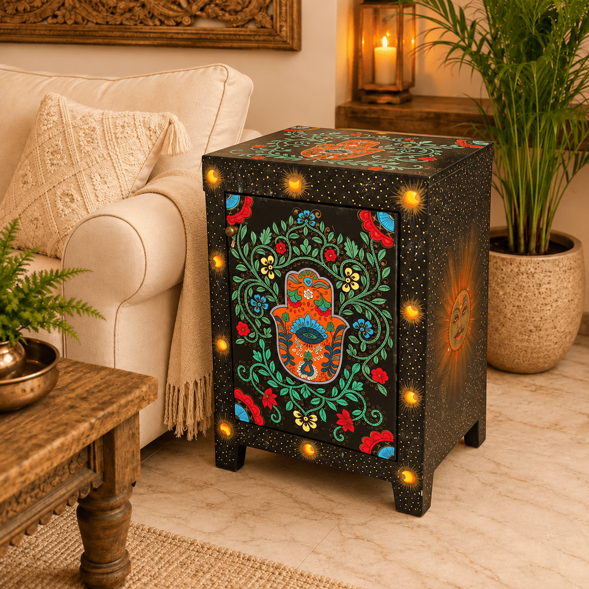 Mesa Auxiliar Mano de Hamsa de la Fortuna en Madera Pintada a Mano - BOUTIQUEDELAINDIA