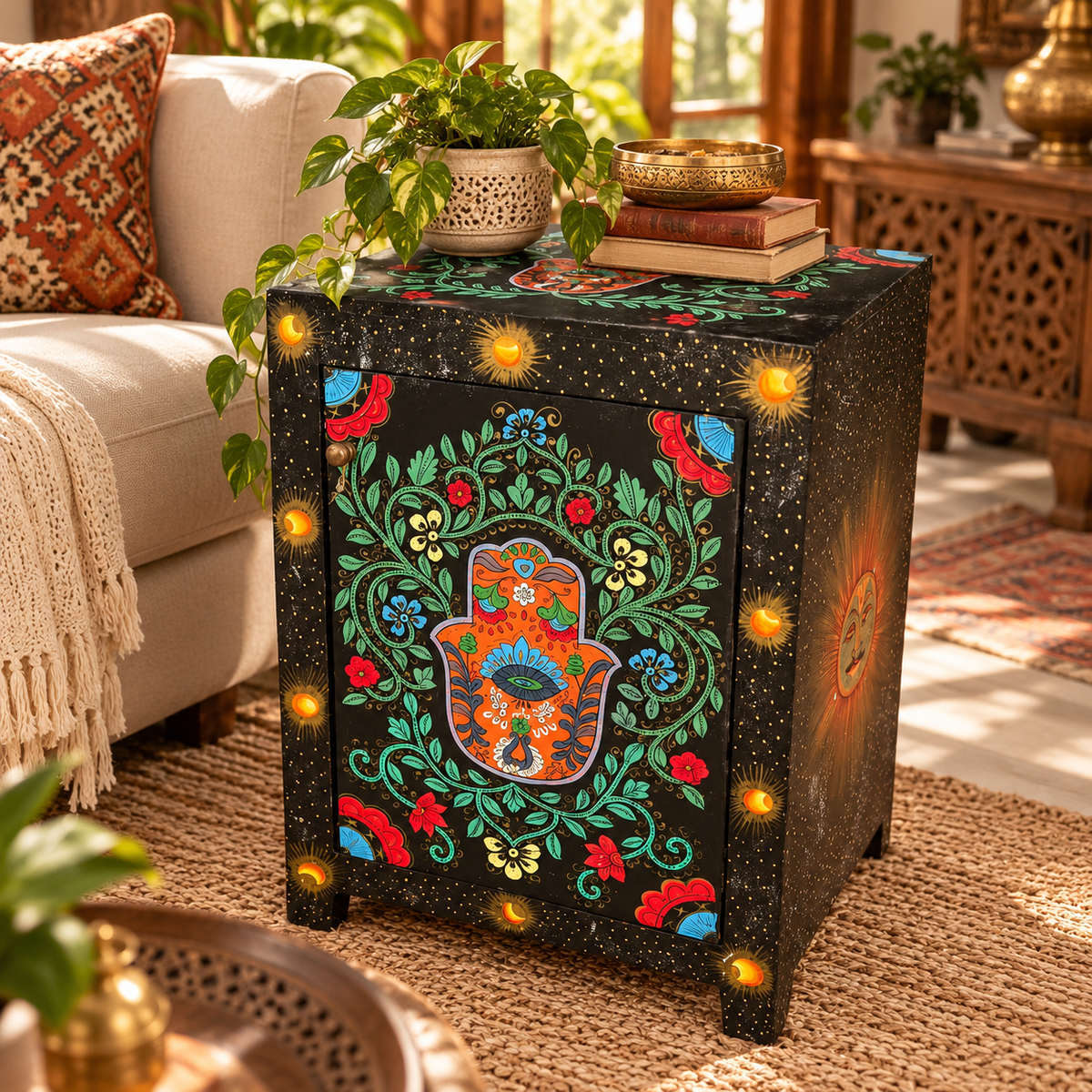 Gabinete Hamsa de la Fortuna en Madera Pintada a Mano - BOUTIQUEDELAINDIA