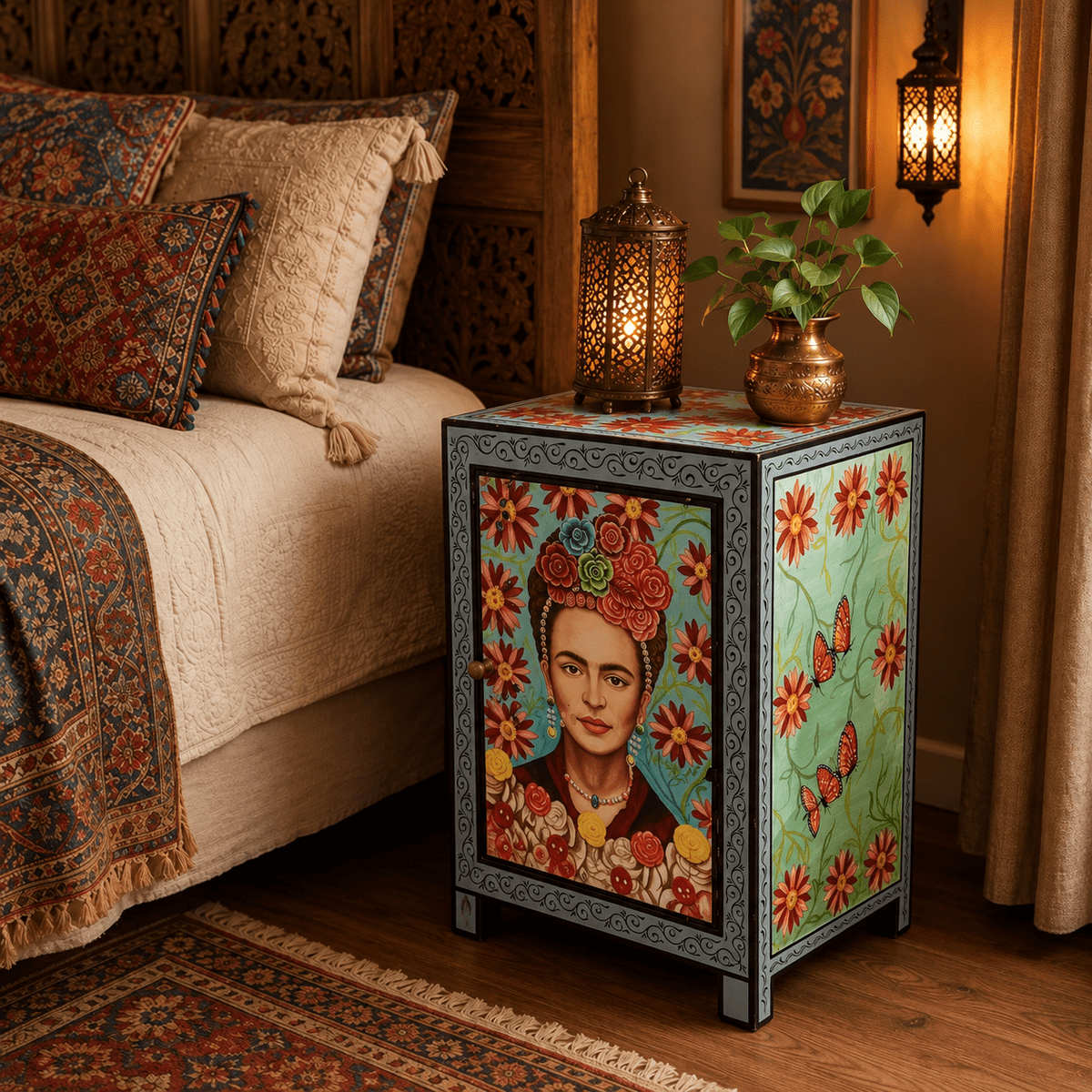 Mesa de Noche Frida Kahlo en Madera con Arte Decorativo Oriental - BOUTIQUEDELAINDIA
