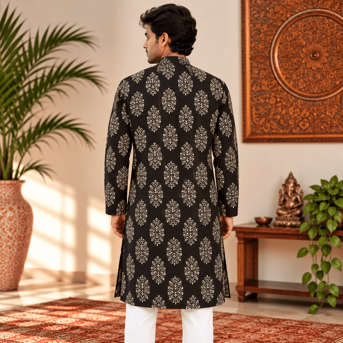 Kurta Larga para Hombre Kiran con Estampado Floral Dorado KH - BOUTIQUEDELAINDIA