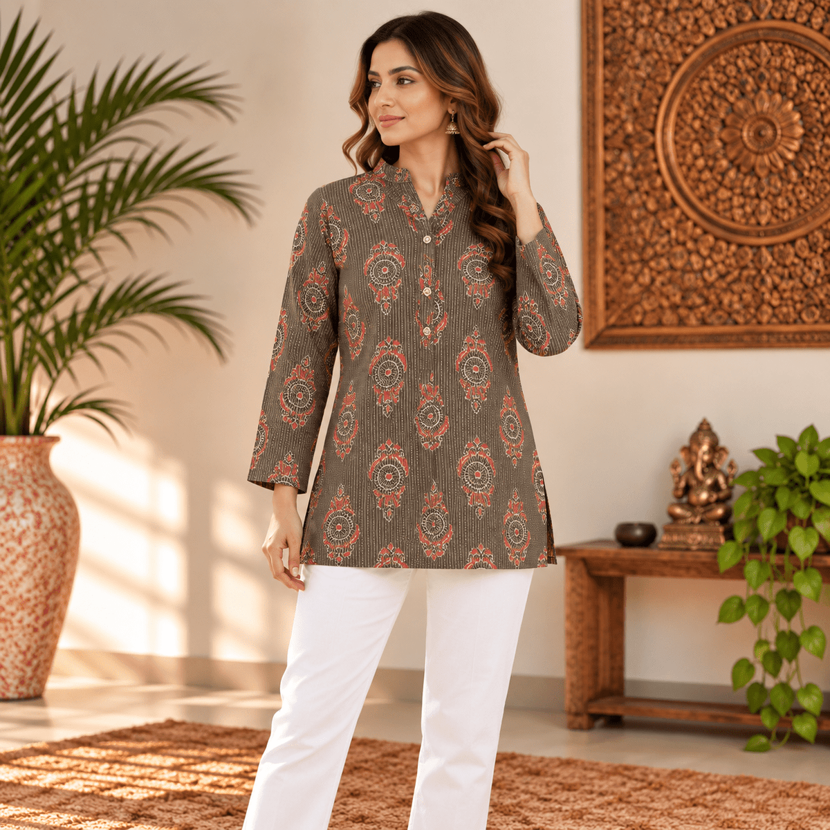 Kurta Corta para Mujer Marrón con Estampado Mandala KM - BOUTIQUEDELAINDIA