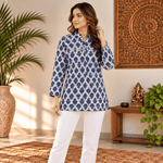 Kurta Corta Azul para Mujer con Estilo Floreado KM - BOUTIQUEDELAINDIA