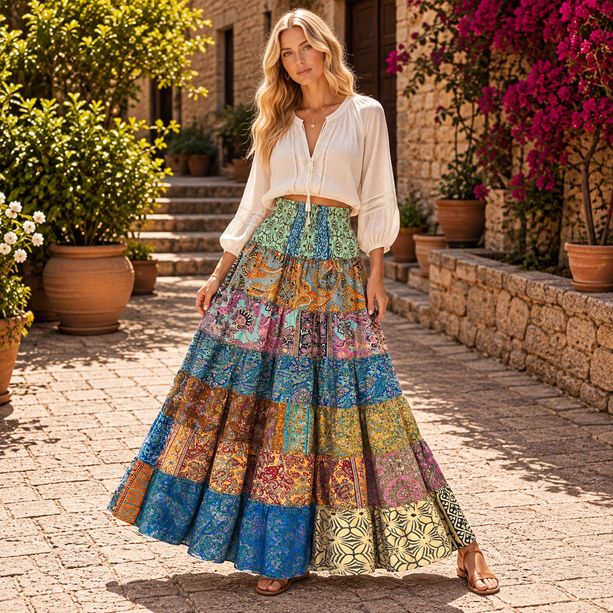Falda Larga Patchwork de Seda con Estampados Orientales - BOUTIQUEDELAINDIA