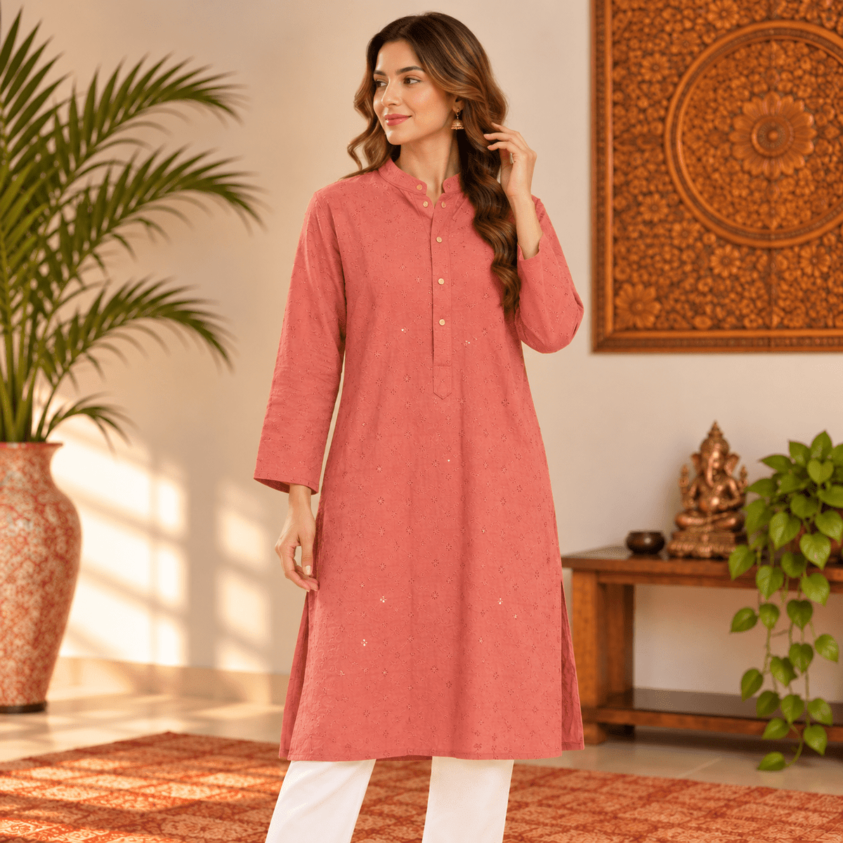 Kurta Larga Rosa Terracota para Mujer Aarohi con Bordado Oriental KM - BOUTIQUEDELAINDIA