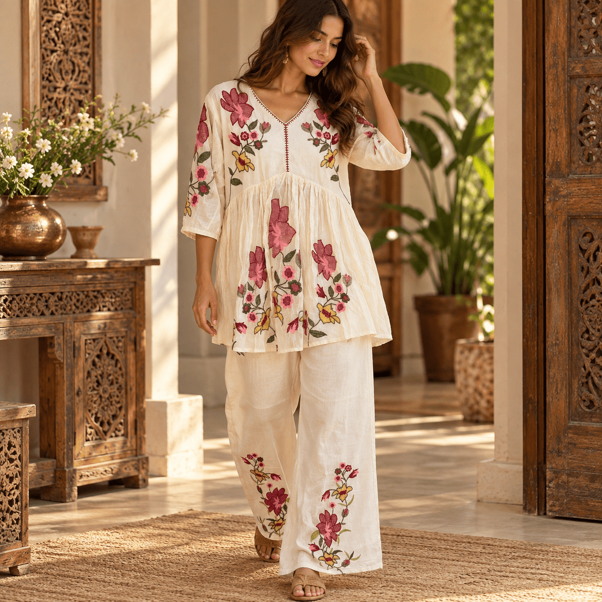 Conjunto bordado floral Noor – Blusa y pantalón - BOUTIQUEDELAINDIA