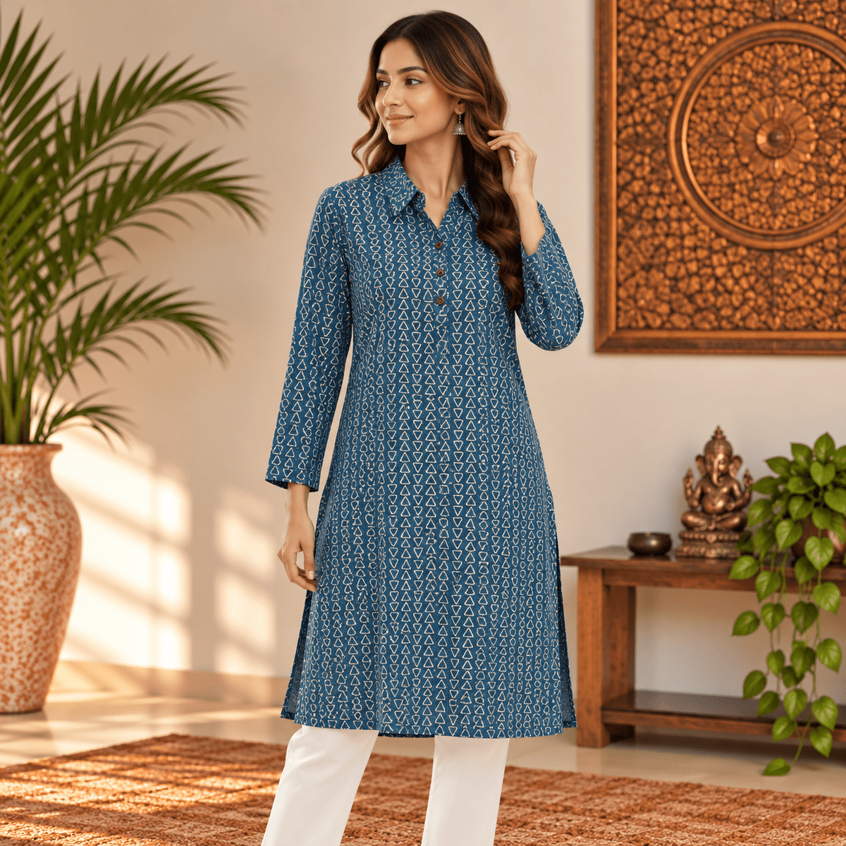 Kurta Larga para Mujer Nila con Estampado Geométrico KM - BOUTIQUEDELAINDIA