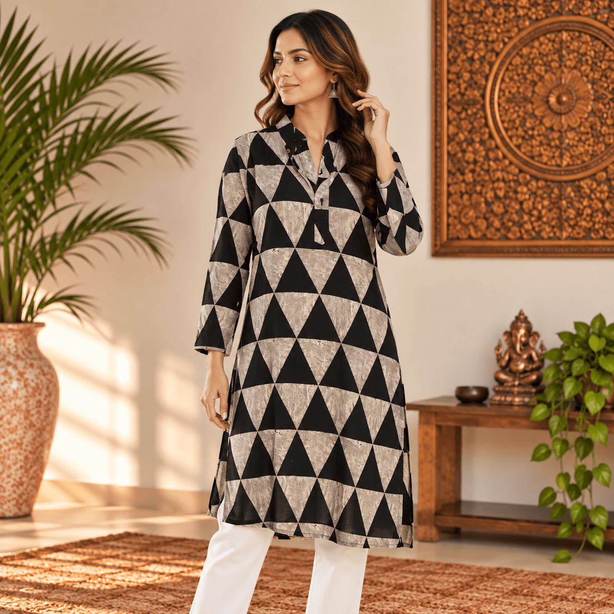 Kurta Larga para Mujer Aditi con Estampado Geométrico KM - BOUTIQUEDELAINDIA