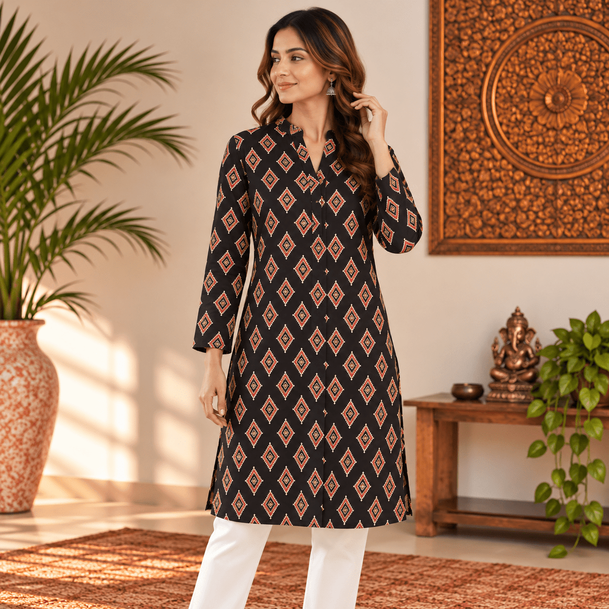 Kurta Larga para Mujer Ishani con Estampado de Rombos KM - BOUTIQUEDELAINDIA