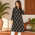 Kurta Larga para Mujer Kavya con Estampado Floral Dorado KM - BOUTIQUEDELAINDIA