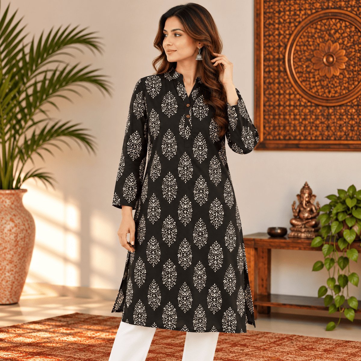 Kurta Larga para Mujer Kavya con Estampado Floral Dorado KM - BOUTIQUEDELAINDIA