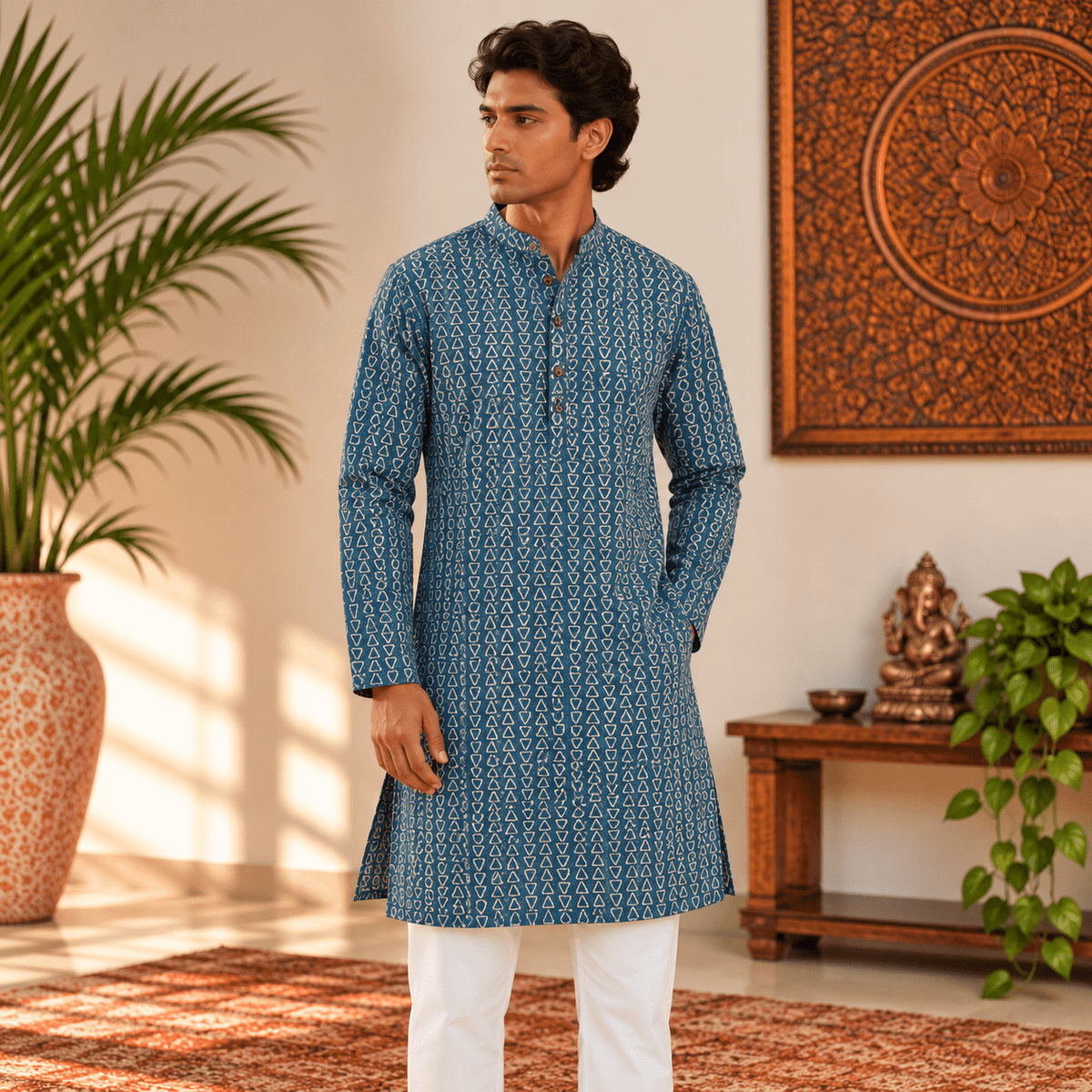 Kurta Larga para Hombre Neel con Estampado de Triángulos KH - BOUTIQUEDELAINDIA