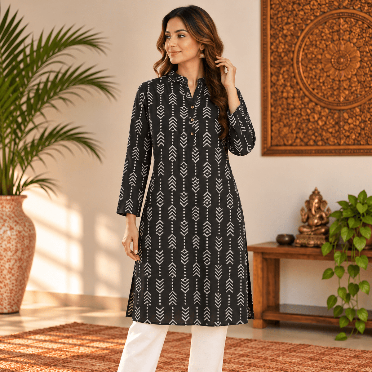 Kurta Larga Negra para Mujer con Estampado de Flechas Geométricas KM - BOUTIQUEDELAINDIA