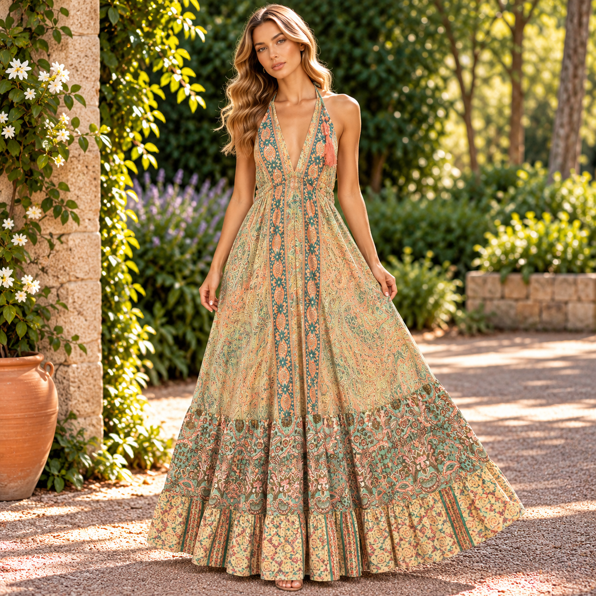 Vestido Mara Jardín de Jade con Estampado Oriental - BOUTIQUEDELAINDIA