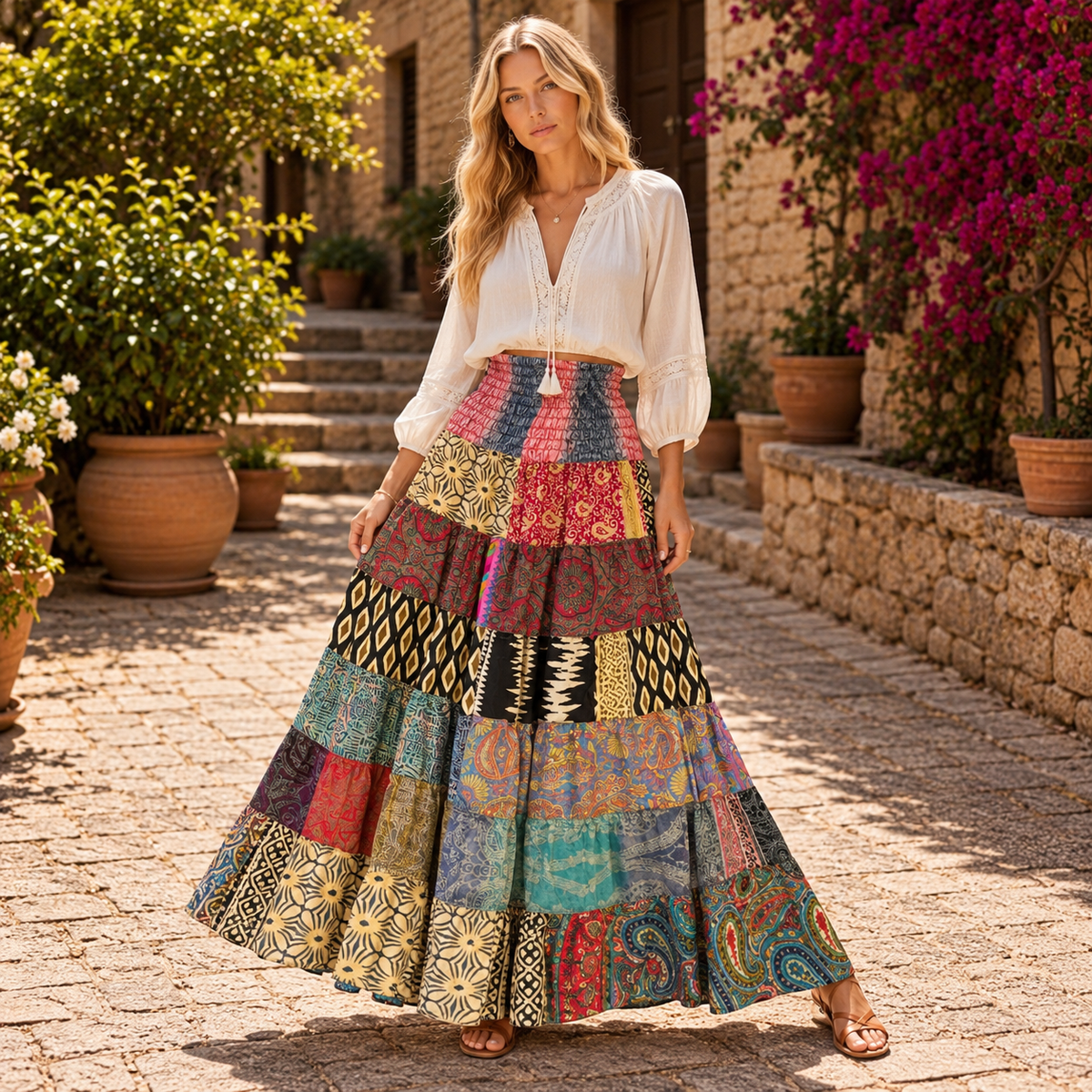 Falda Larga Patchwork de Seda con Estampados Artísticos - BOUTIQUEDELAINDIA