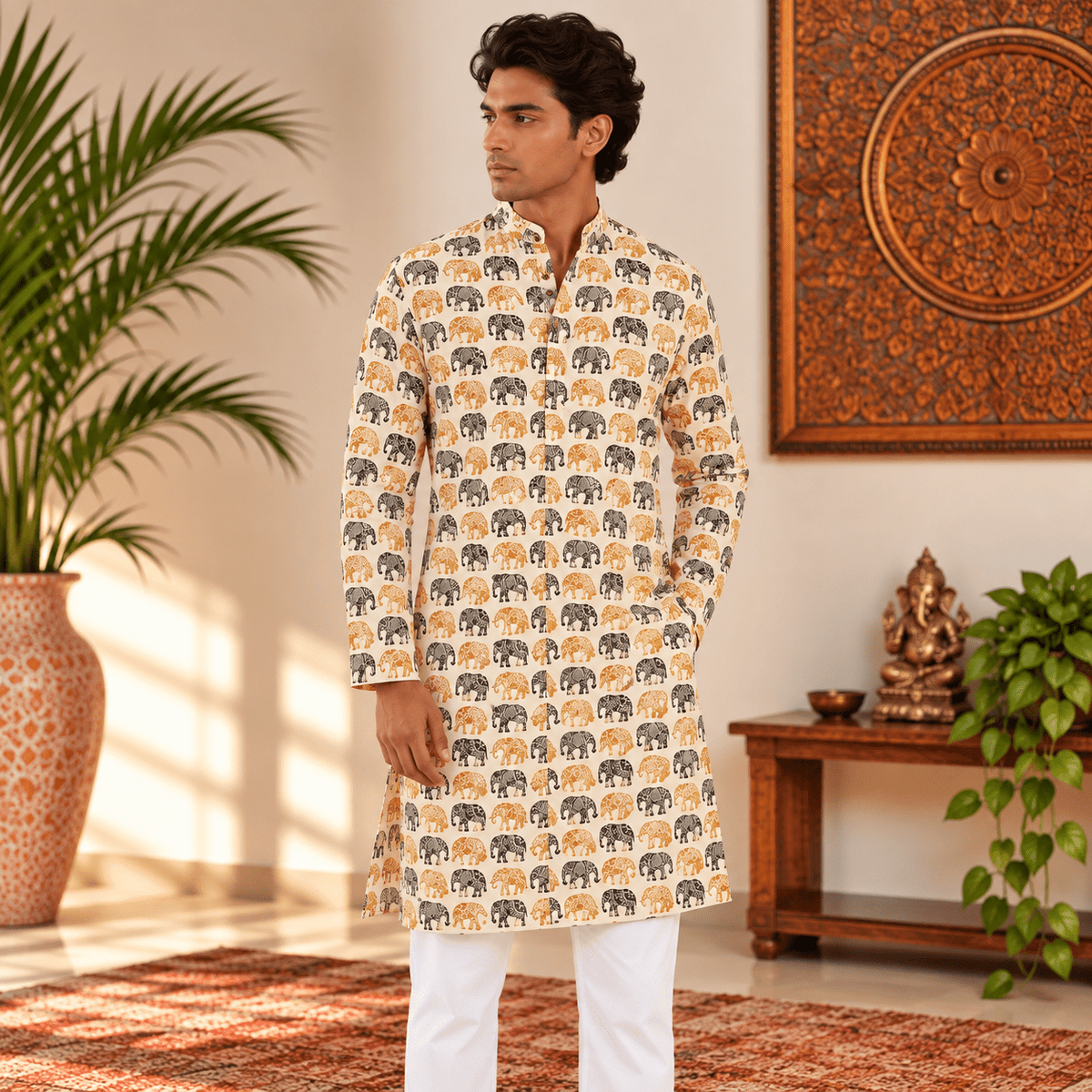 Kurta Larga para Hombre Gajendra con Elefantes de la India KH - BOUTIQUEDELAINDIA