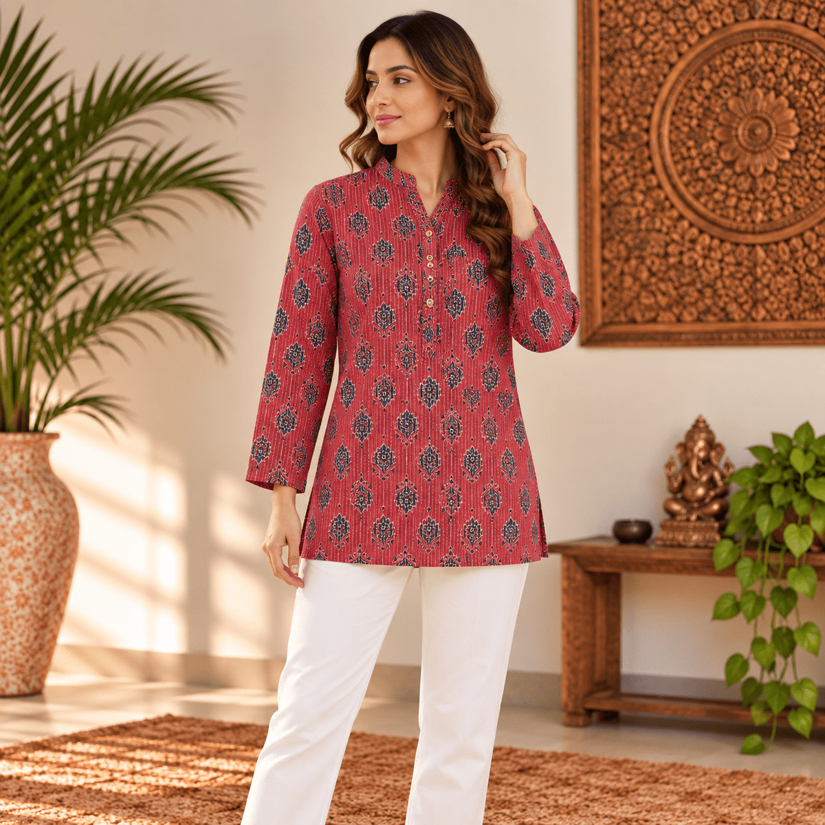 Kurta Corta Roja para Mujer Roshni con Estampado Floral KM - BOUTIQUEDELAINDIA