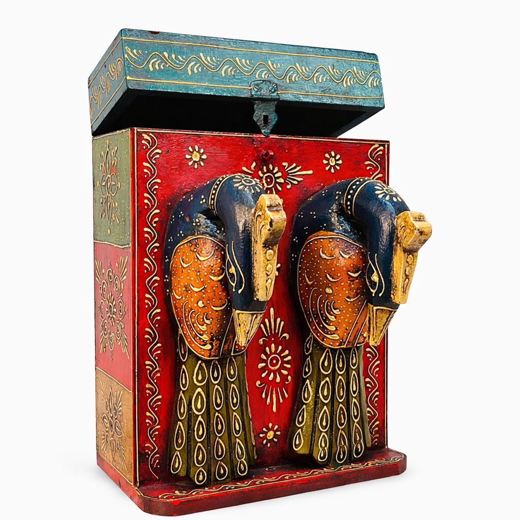 Caja Botellera "Doble Elegancia" - Madera Tallada, Pintada a Mano con Diseños, Doble Compartimento y Cabeza de Pavo
