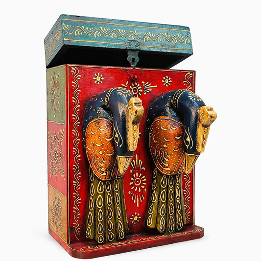 Caja Botellera "Doble Elegancia" - Madera Tallada, Pintada a Mano con Diseños, Doble Compartimento y Cabeza de Pavo
