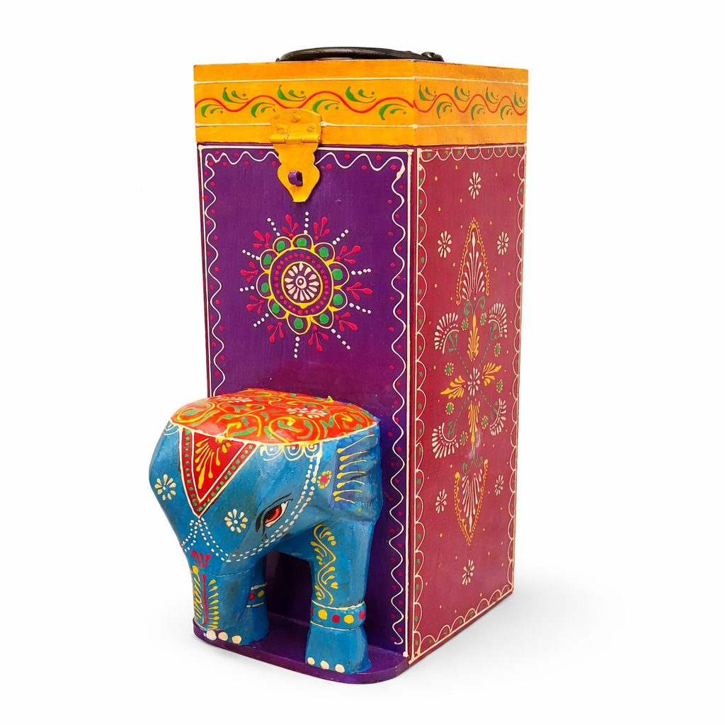 Caja Botellera "Elegancia Tallada" - Madera Tallada, Pintada a Mano con Diseños y Cabeza de Elefante