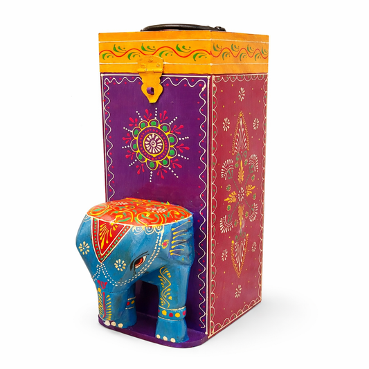 Caja Botellera "Elegancia Tallada" - Madera Tallada, Pintada a Mano con Diseños y Cabeza de Elefante