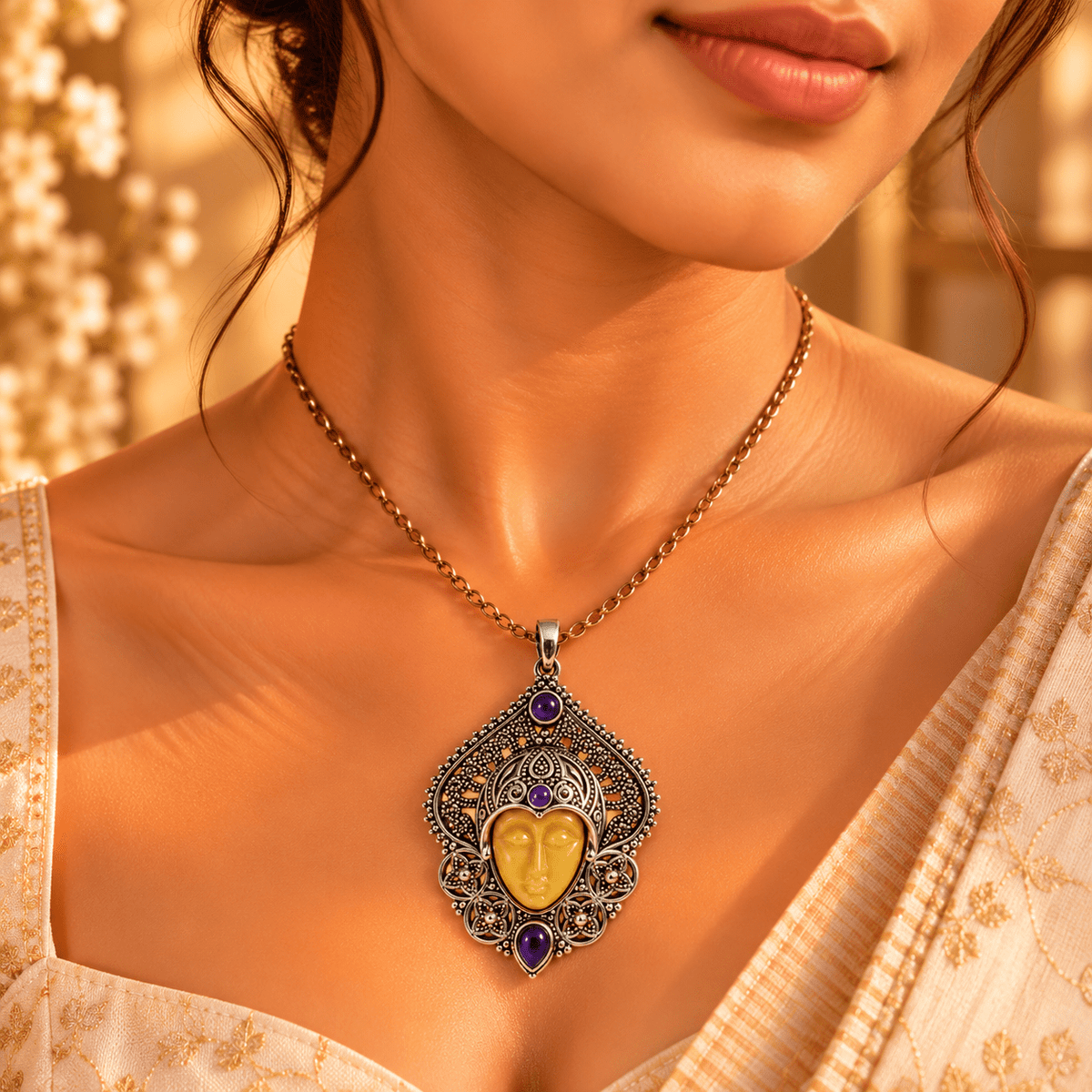 Dije de Bronce Plateado con Rostro Amarillo y Piedras Violetas - BOUTIQUEDELAINDIA