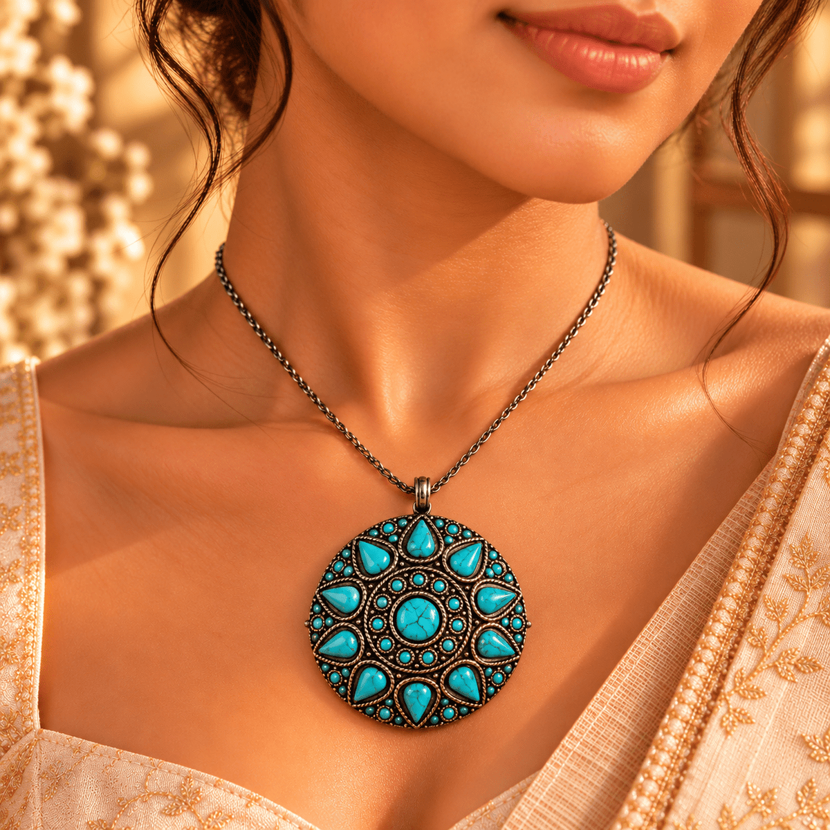 Dije Mandala Turquesa Nilaya en Alpaca de Inspiración India - BOUTIQUEDELAINDIA