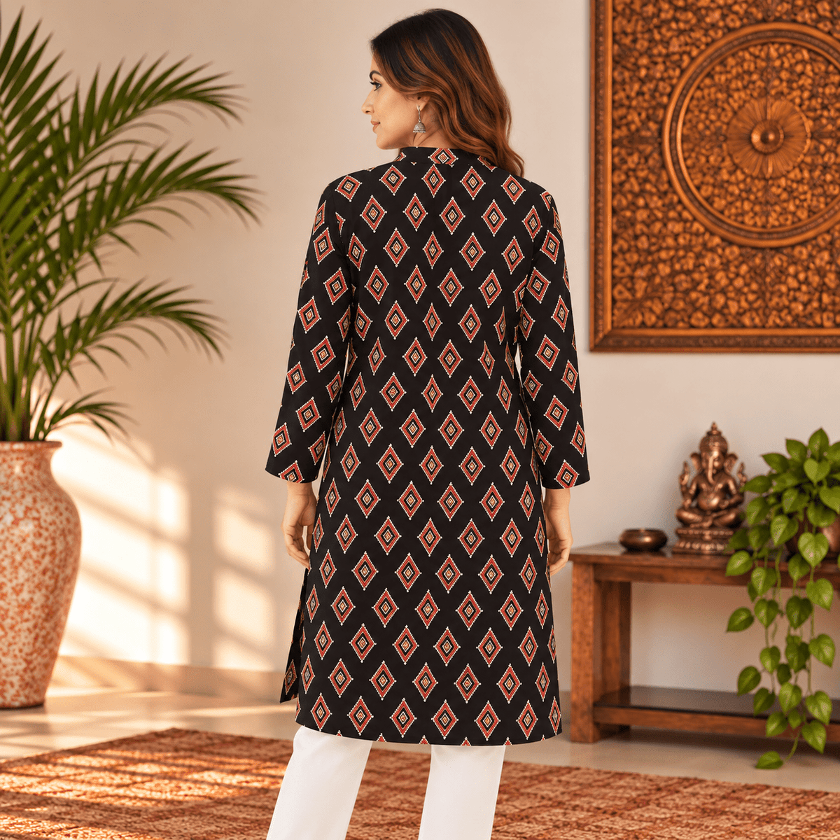 Kurta Larga para Mujer Ishani con Estampado de Rombos KM - BOUTIQUEDELAINDIA