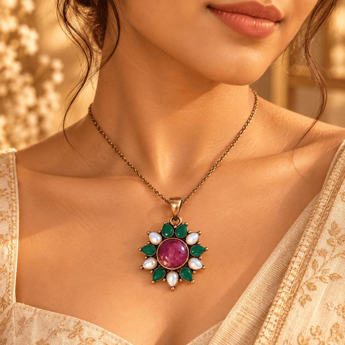 Dije Floral Padma en Alpaca con Piedra Rosada y Detalles Verdes - BOUTIQUEDELAINDIA