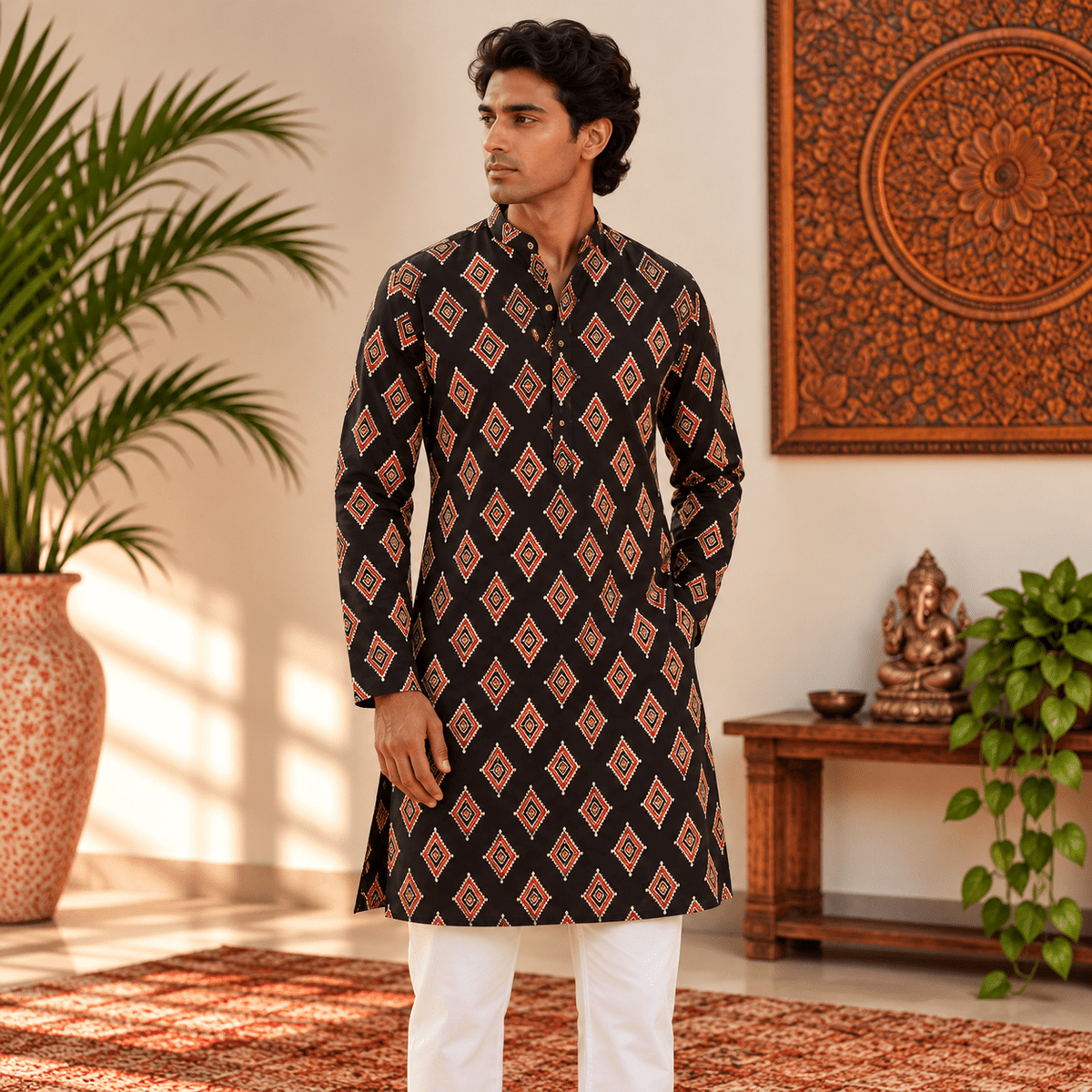 Kurta Larga para Hombre Devansh con Estampado de Rombos KH - BOUTIQUEDELAINDIA