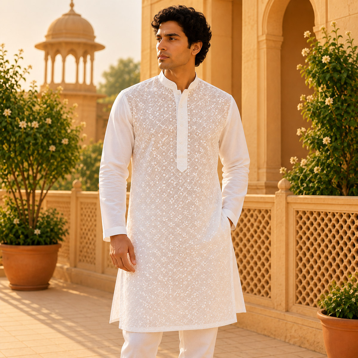 Kurta Bordada Aarav Blanca para Hombre - BOUTIQUEDELAINDIA