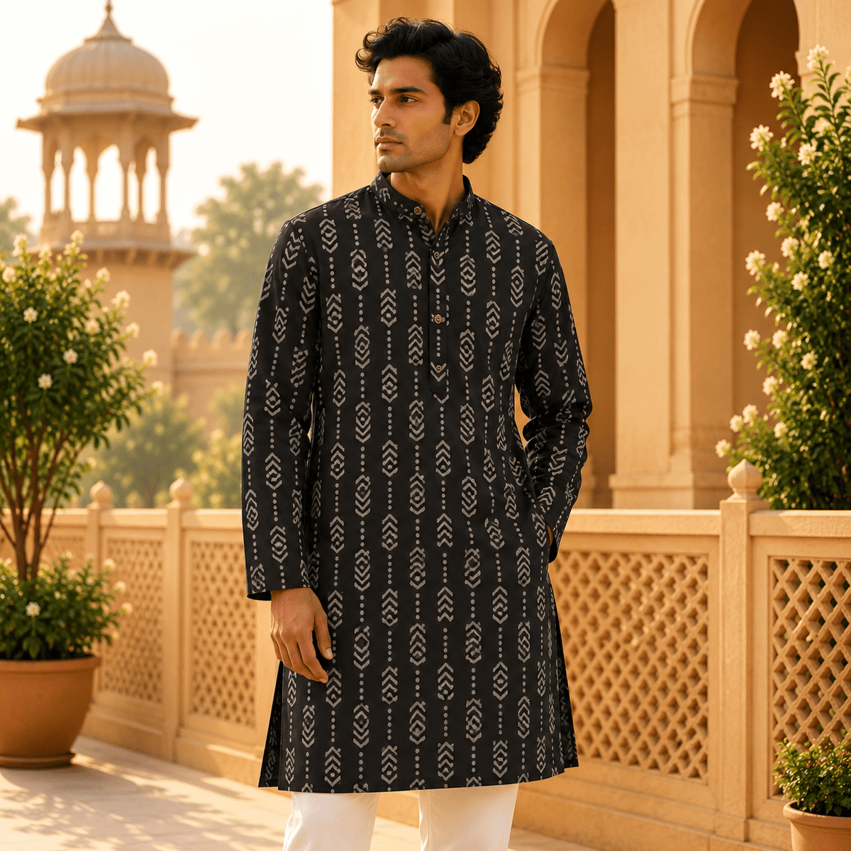 Kurta Ishaan Negro con Estampado Geométrico de Flechas - BOUTIQUEDELAINDIA