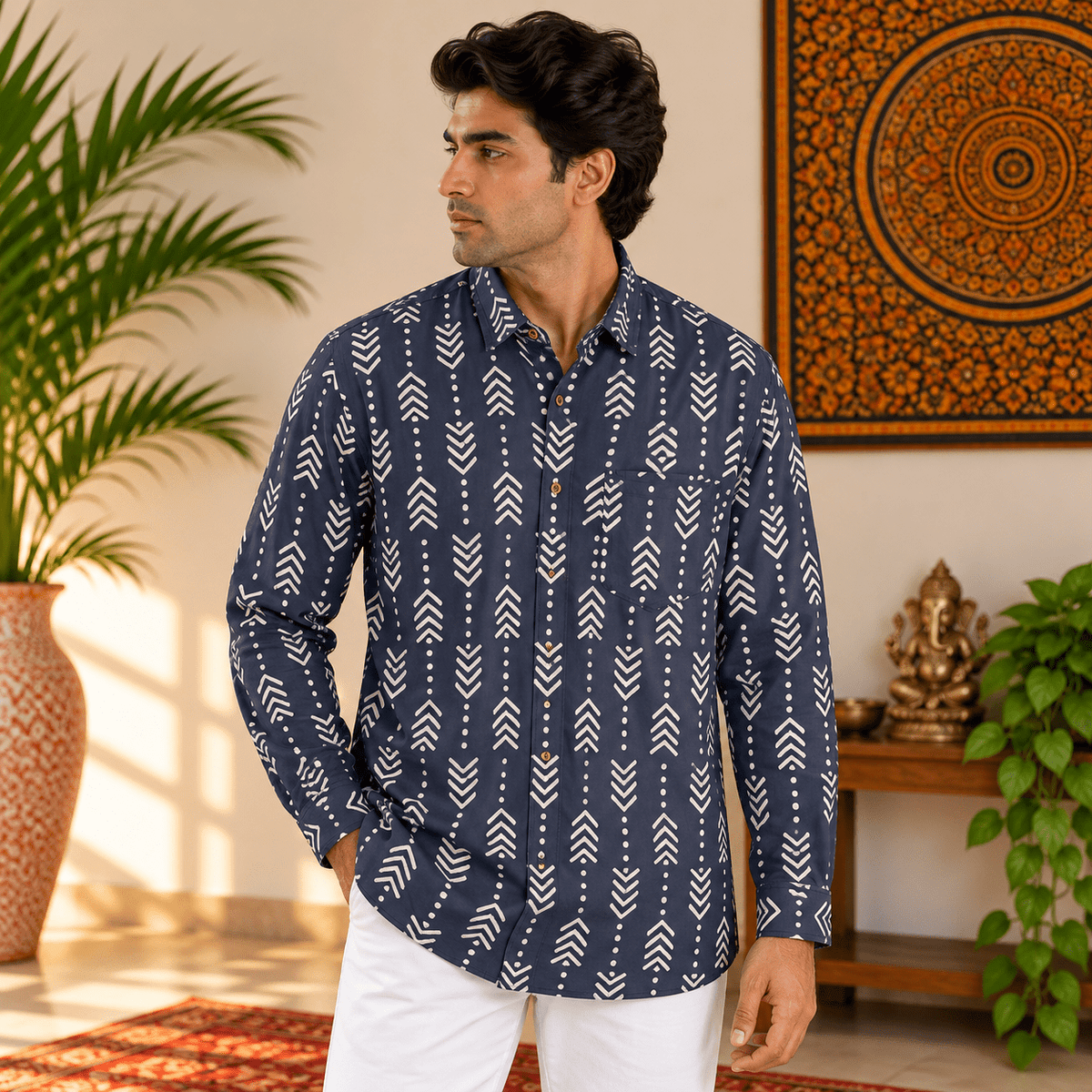Kurta Corta Azul Oscuro para Hombre Estampado de Flechas KH - BOUTIQUEDELAINDIA