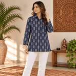 Kurta Corta Azul Oscuro para Mujer Estampado de Flechas KM - BOUTIQUEDELAINDIA