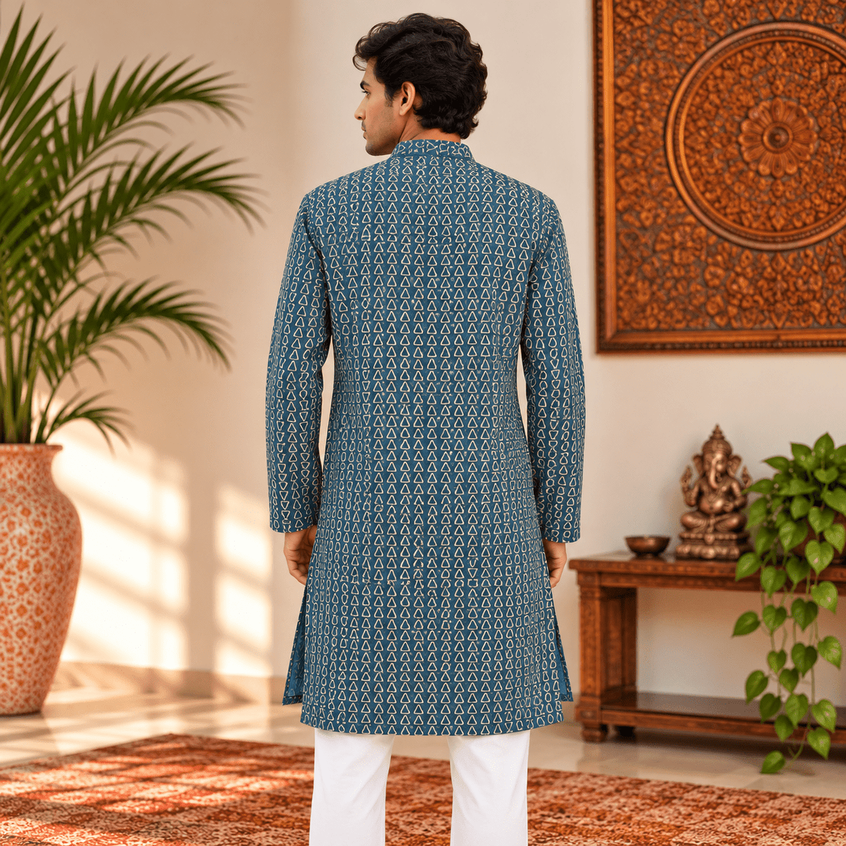 Kurta Larga para Hombre Neel con Estampado de Triángulos KH - BOUTIQUEDELAINDIA